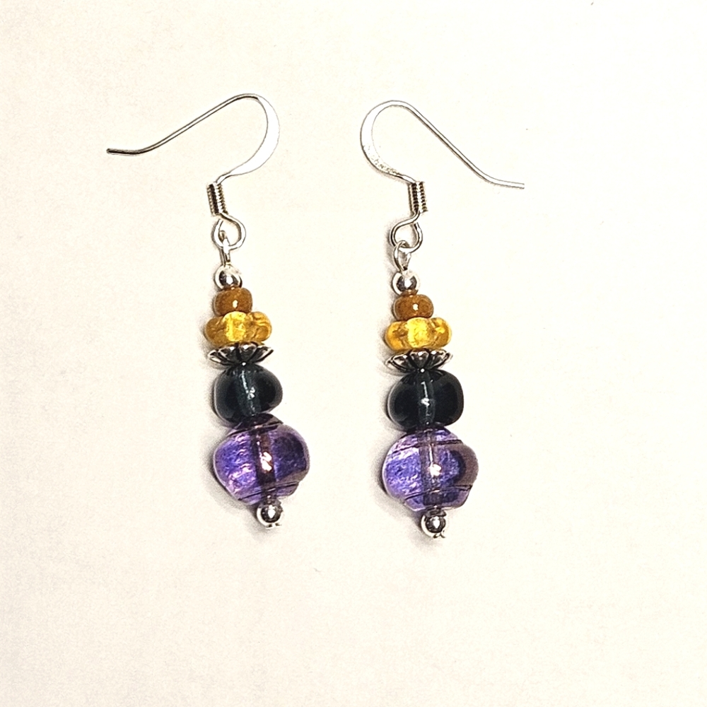 Purple, Blue and Yellow Glass Beaded Earrings